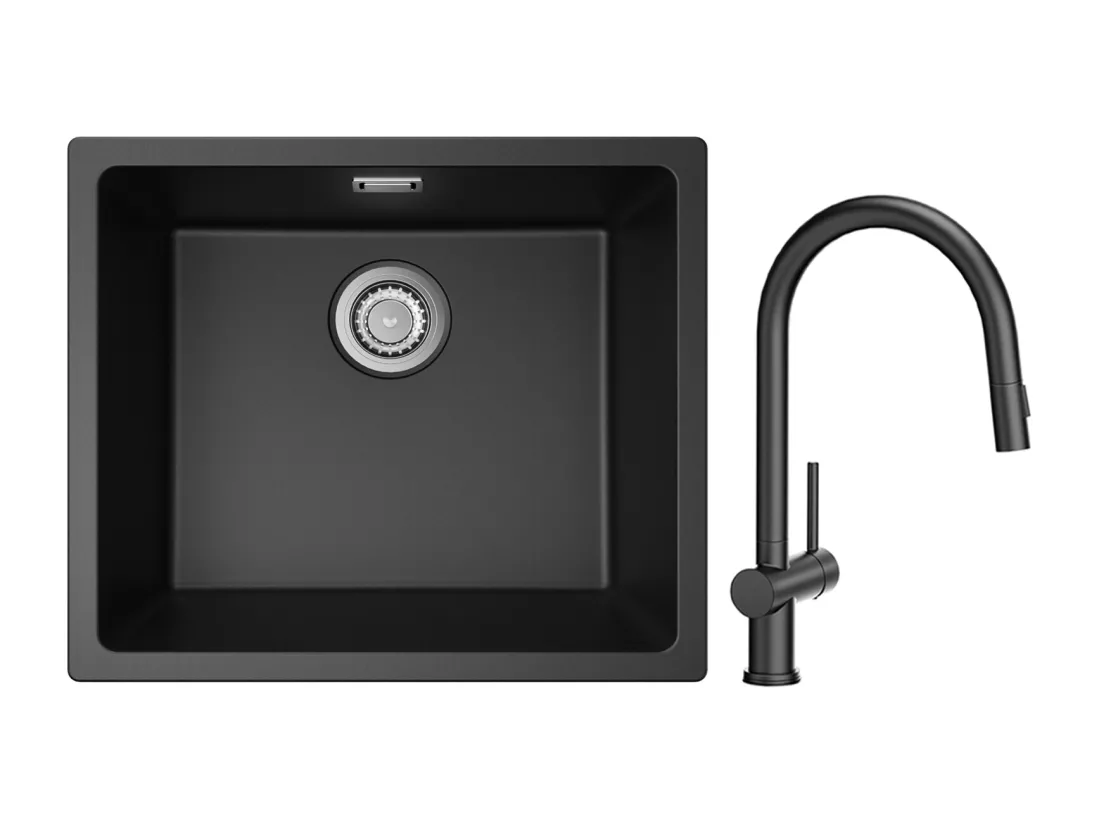 CECIPA MAX Evier 1 Bac en Quartz et Résine Noir Gris 50*44*20cm + Mitigeur de Cuisine avec Douchette Extractible avec 2 Types de Jet