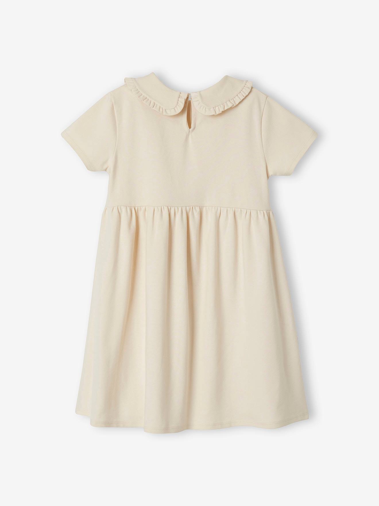 Vestido de pelúcia com gola Peter Pan, para meninas, bege claro liso.
