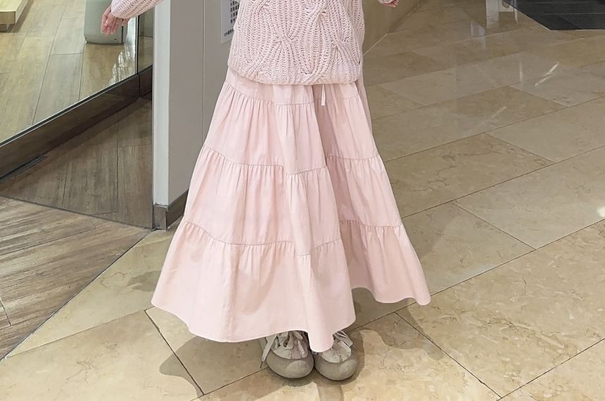 Trendycas - V-hals trui met strik / elastische taille gelaagde maxi A-lijn rok / haltertop met strik en kant