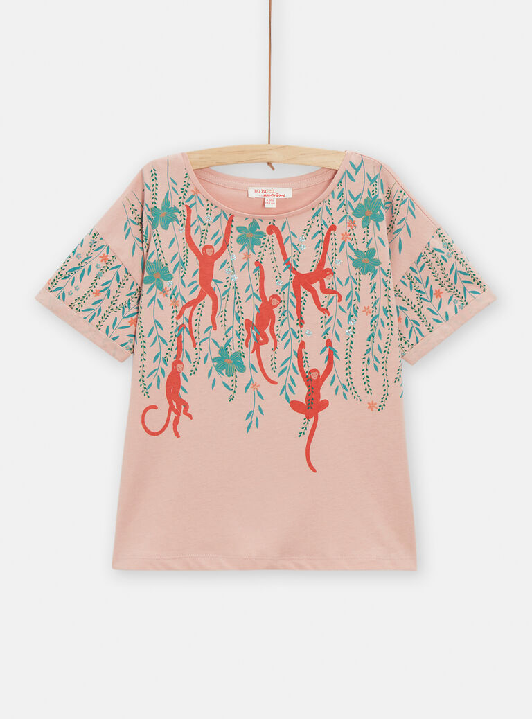 T-shirt rose animation singes dans la jungle pour fille