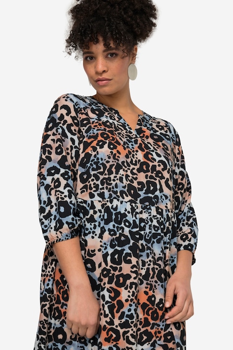 Maxikleid, A-Linie, Leomuster, Tunika-Ausschnitt, 3/4-Ärmel