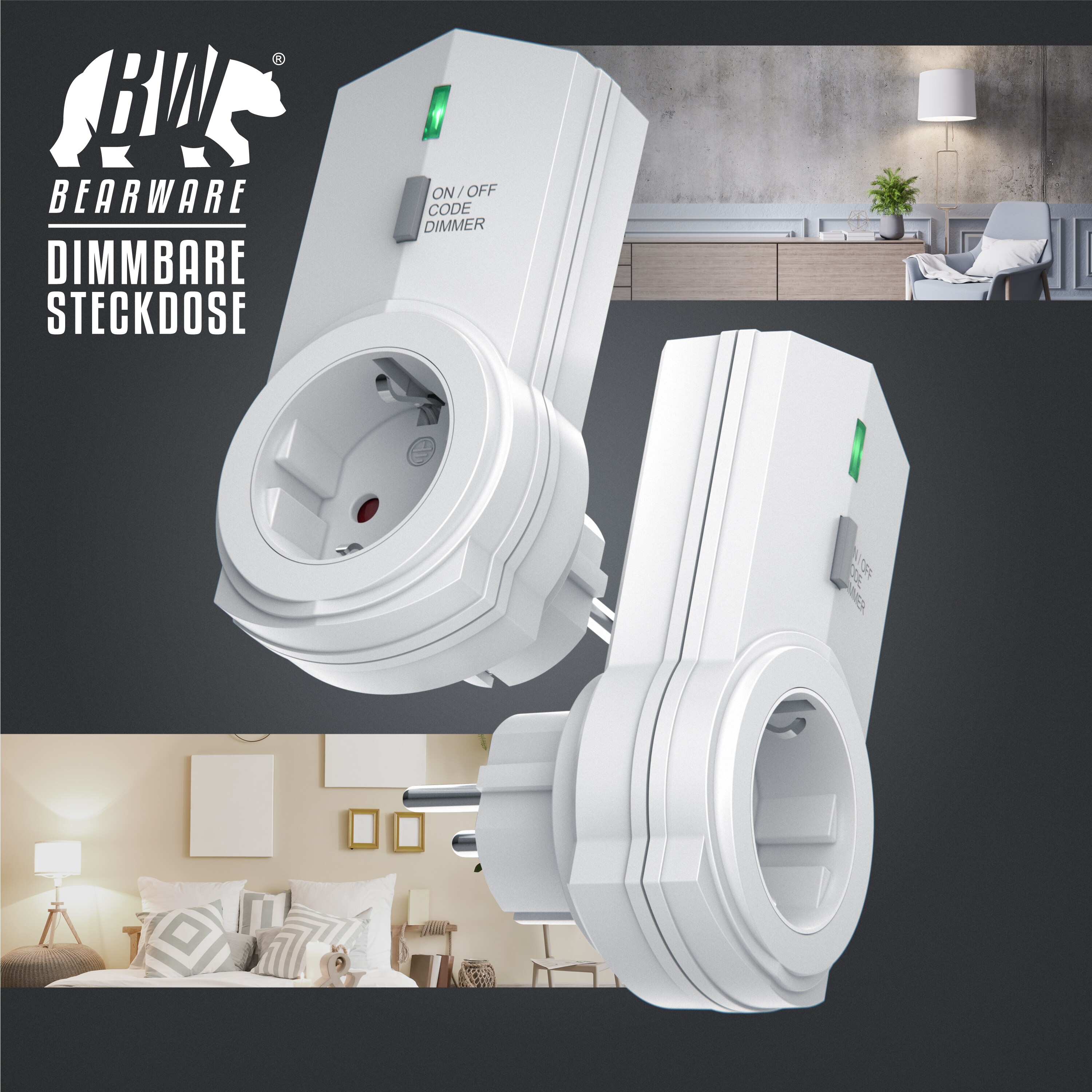 BEARWARE Dimmbare Funksteckdosen - Set mit Fernbedienung - 2er Set für den Innenbereich Indoor + 1 Fernbedienung - LED Statusanzeige