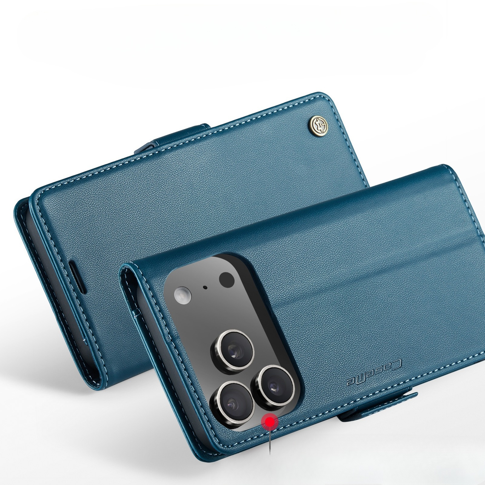 iPhone 17 Pro Max Leder Tasche Flip Wallet Etui mit Kartenfächern Litchi Look (RFID Schutz) - Blaugrün