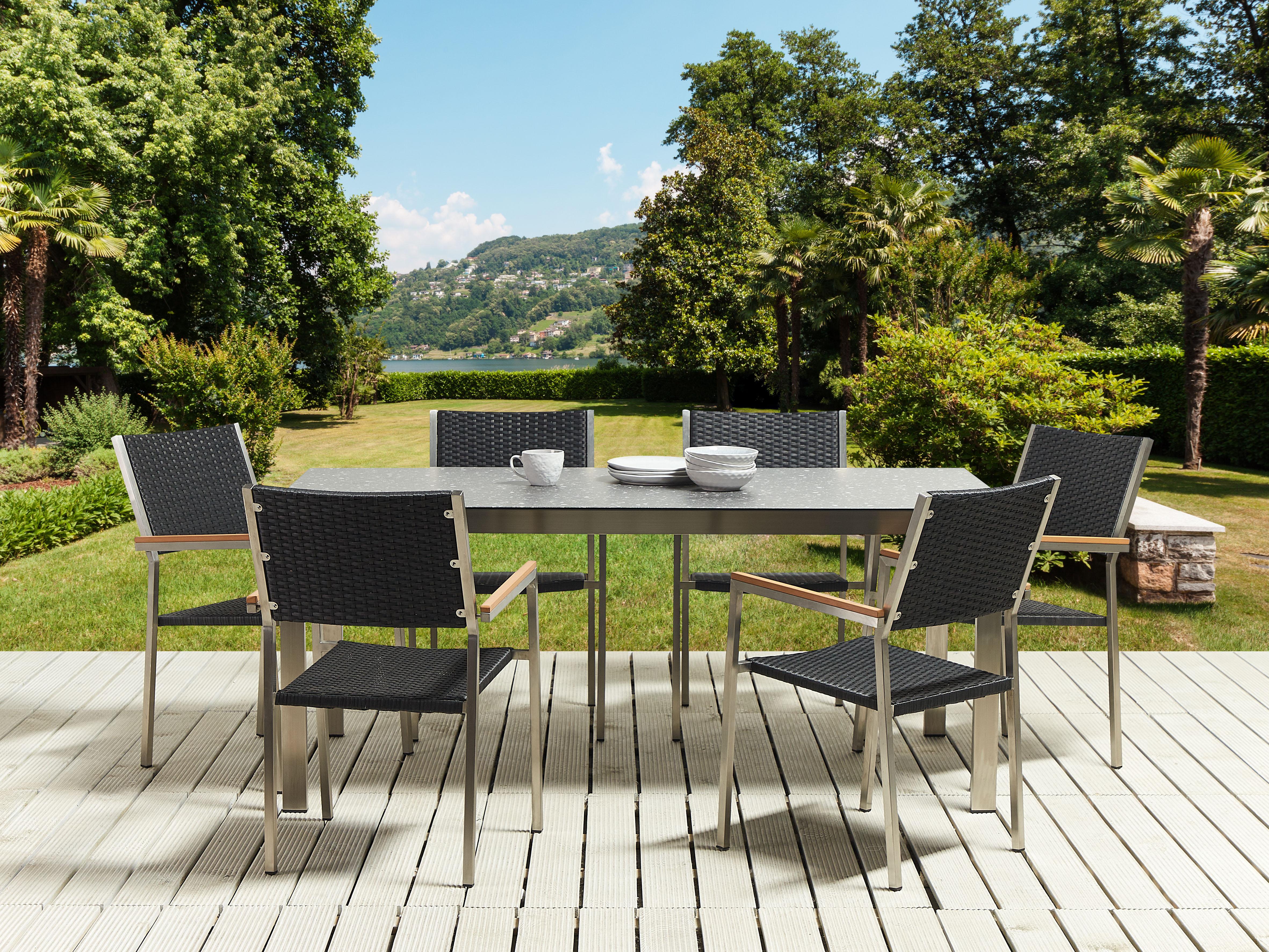 Tuinset 6-zits COSOLETO/GROSSETO Veiligheidsglas Granieteffect Zwart