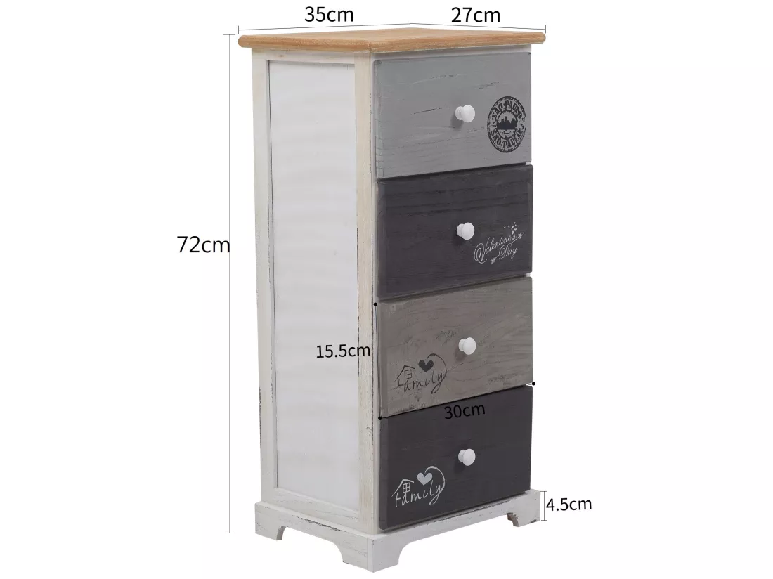Chiffonnier Commode 4 Tiroirs Bois Blanc Gris Shabby 72x35x27