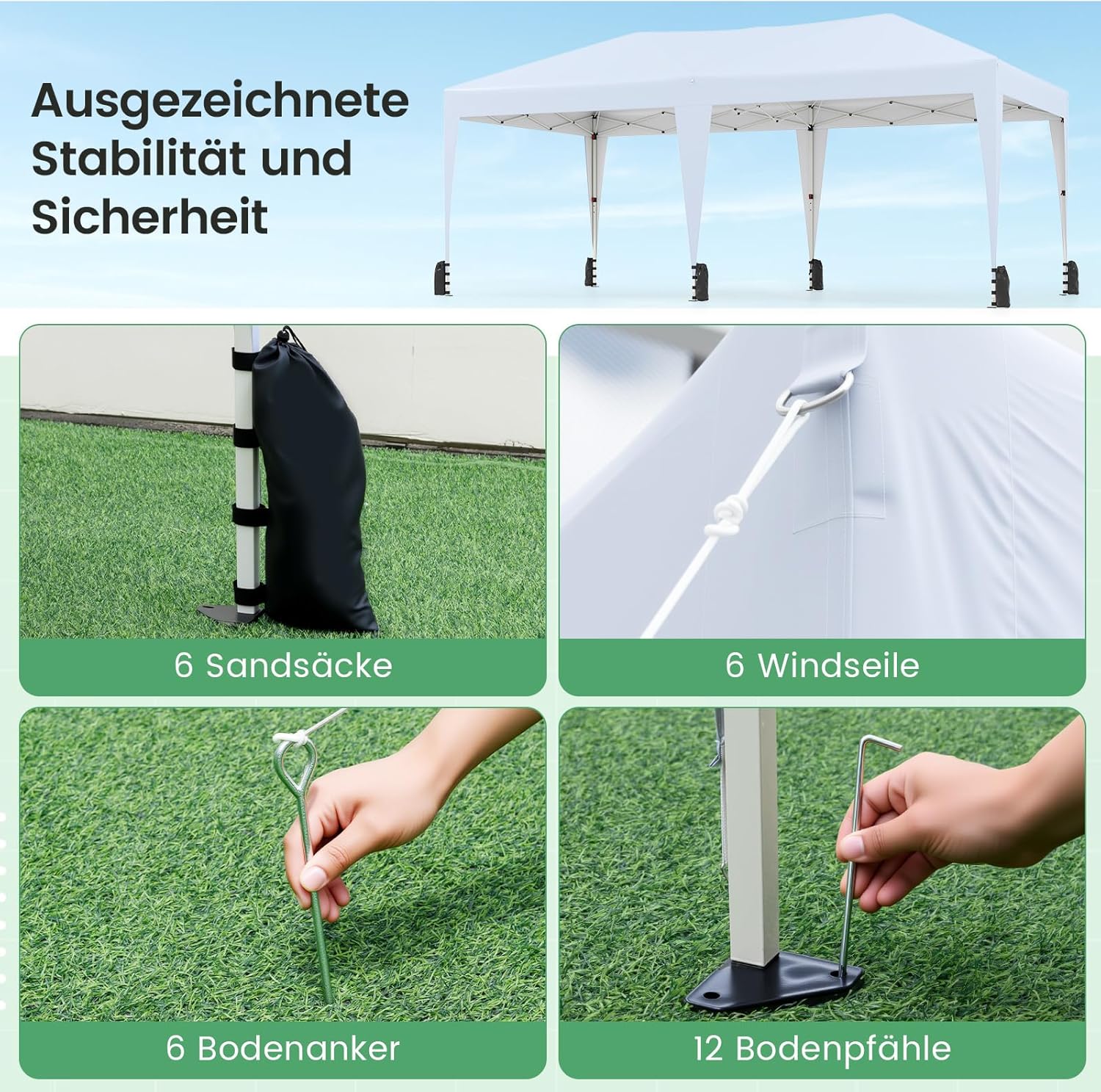 COSTWAY Pavillon 3 x 6 m, Pop up Faltpavillon Wasserdicht mit Tragetasche auf Rollen, UV Schutz 50+ Partyzelt inkl. 6 Sandsäcken, Gartenpavillon Höhenverstellbar für Camping, Party (Weiß)