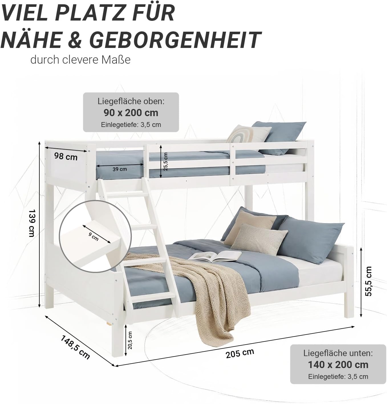 Homestyle4u Kinderbett 90x200 und 140x200 Hochbett Jugendbett Etagenbett 2 Kinder inkl. Lattenrost Kiefer Holz Weiß | Artikel 1898