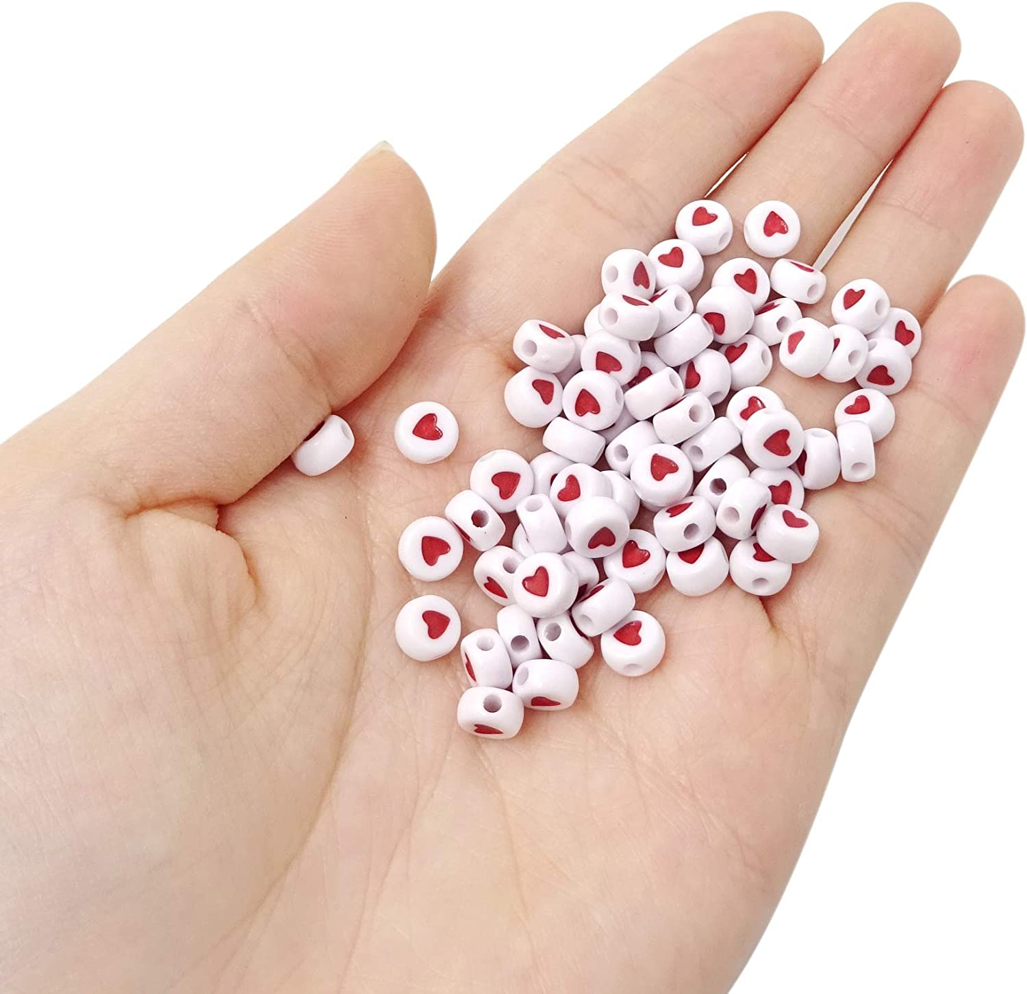 (100er Set) 7mm Herz Perlen DIY Bastel Schmuck Zwischenperle für Armband / Kette - Weiss / Rot