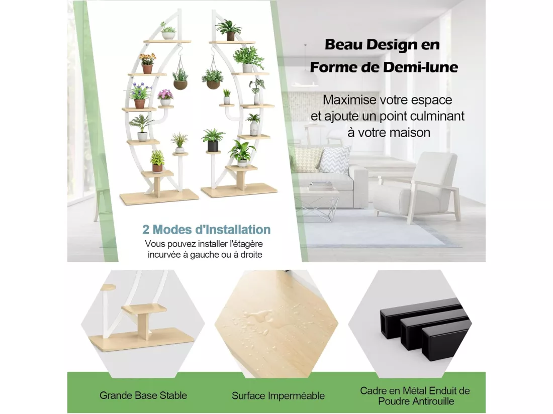 Support de Plante en Métal à 7 Niveaux, Étagère à Fleurs avec Crochet, Porte Plantes en Forme de Demi-lune avec Dispositif Anti-renversement, pour Salon, Balcon, 60 x 30 x 155 CM, Blanc