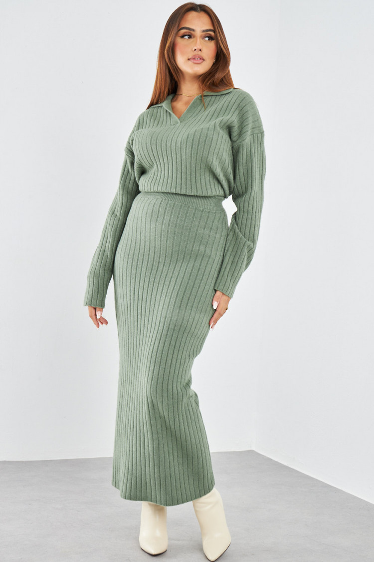 Ensemble 2 pièces pull + jupe côtelé kaki