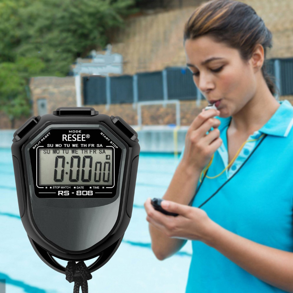 2in1 Digitale Hand Stoppuhr Sport Timer mit LCD Display   Umhängeband - Schwarz