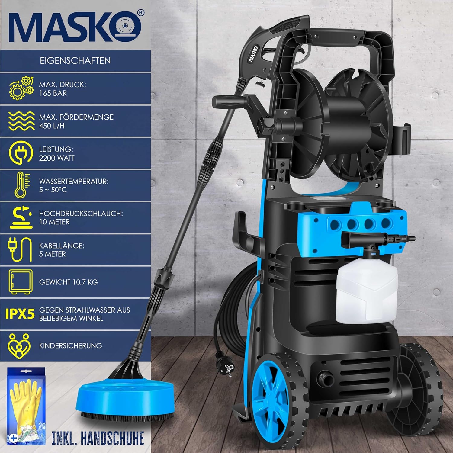 MASKO® Hochdruckreiniger 2200 Watt 165 bar 450 l/h, mit Spule Schlauchtrommel 10m Schlauch 9 TLG Zubehör Set, mit Handschuhen, Seifenflasche, Schaumdüse, Hochdruckpistole für Autos/Zäune/Garten/Patios