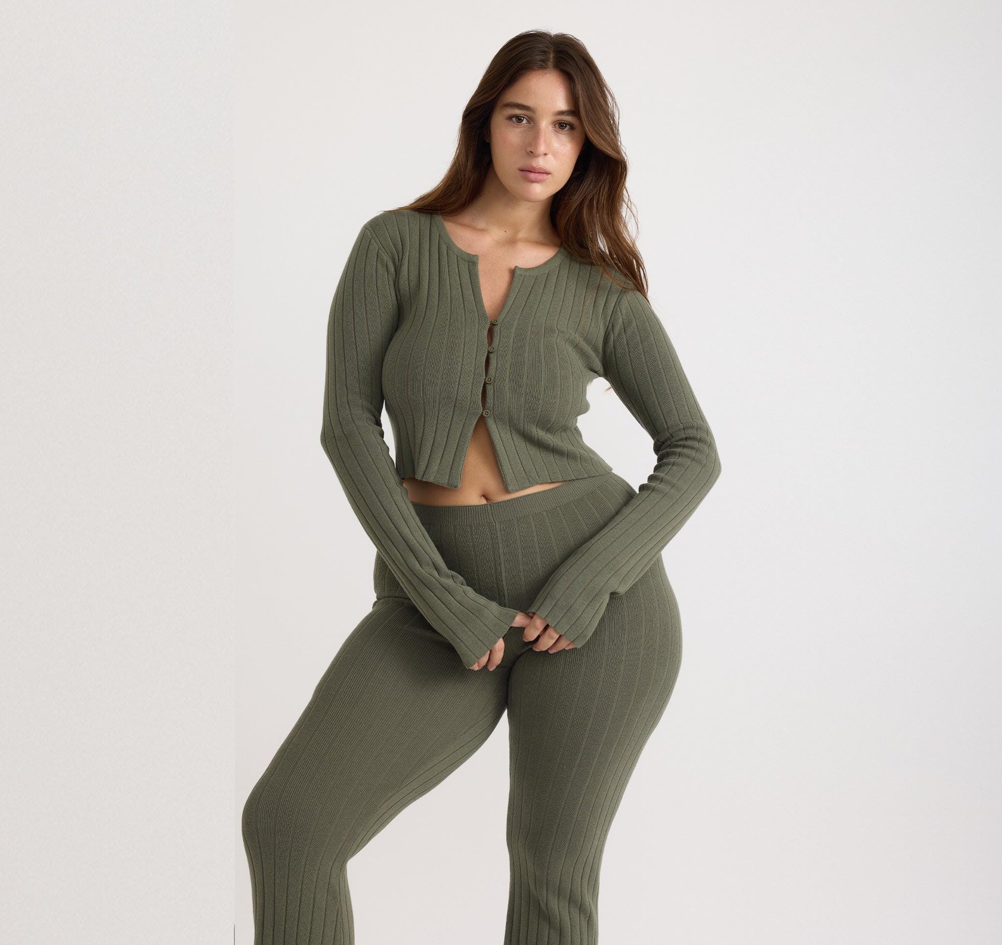 COTTON<br>Soft Knit Rib High-Rise Flare Pants