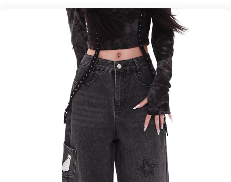 AXEN - Mid Rise Lettering Star Geborduurde Washed Wide Leg Jeans