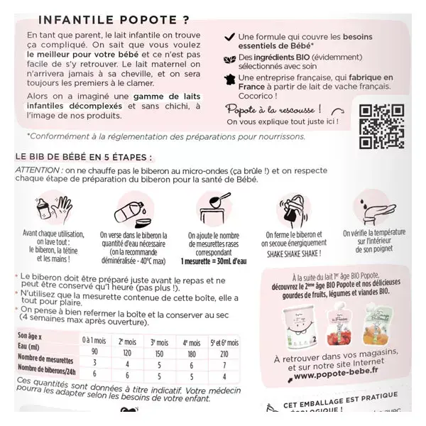 Popote Lait 1er Âge Bio 800g
