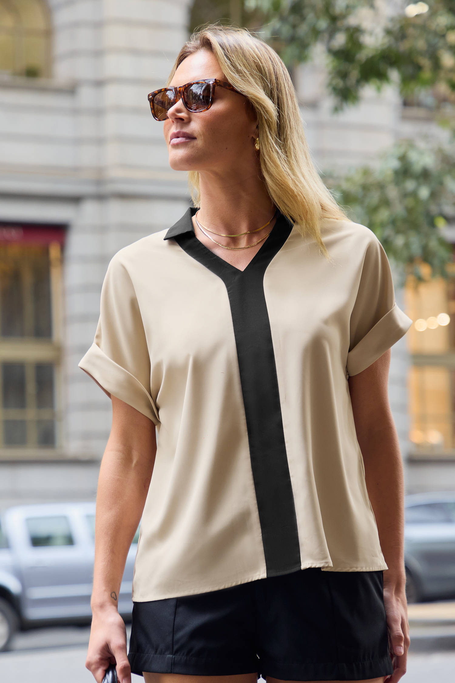 Chemise à bloc de couleur kaki et noir