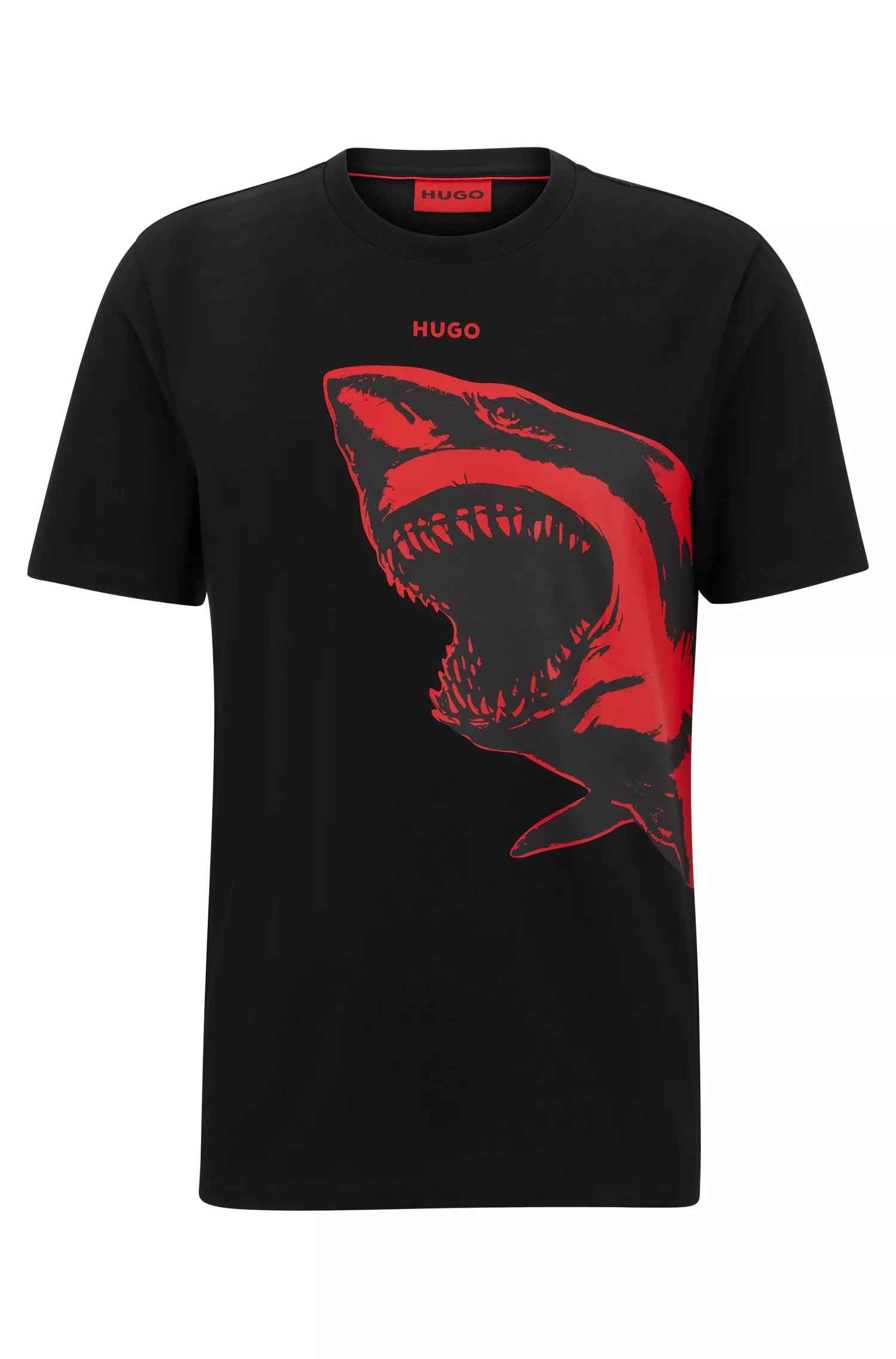 Camiseta HUGO vermelha em malha de algodão com estampa de tubarão vermelho