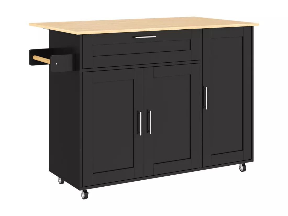 Caisson de cuisine,table de cuisine mobile, plan de travail rabattable,étagère à épices, porte-serviettes, 5 roulettes,132.5x44(70)x90 cm,Noir