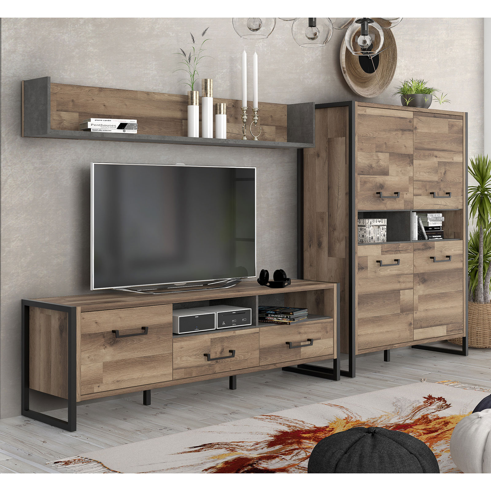 3-teiliges Wohnwand-Set - Stabeiche - 284 cm
