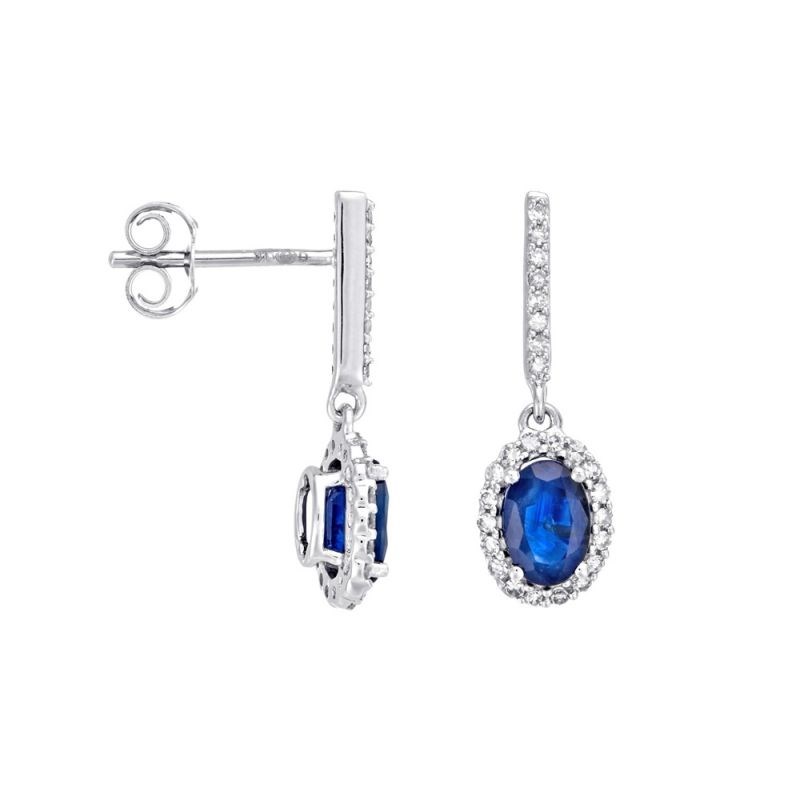 Boucles d'Oreilles Or Blanc, Diamants 0,17 carat et Saphir 1,4 carat 