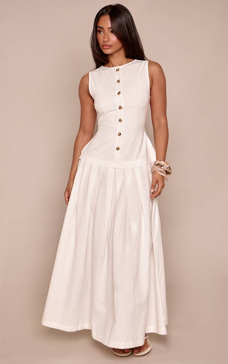 Blanc Robe Maxi À Taille Basse Boutonnée Aspect Lin Petite