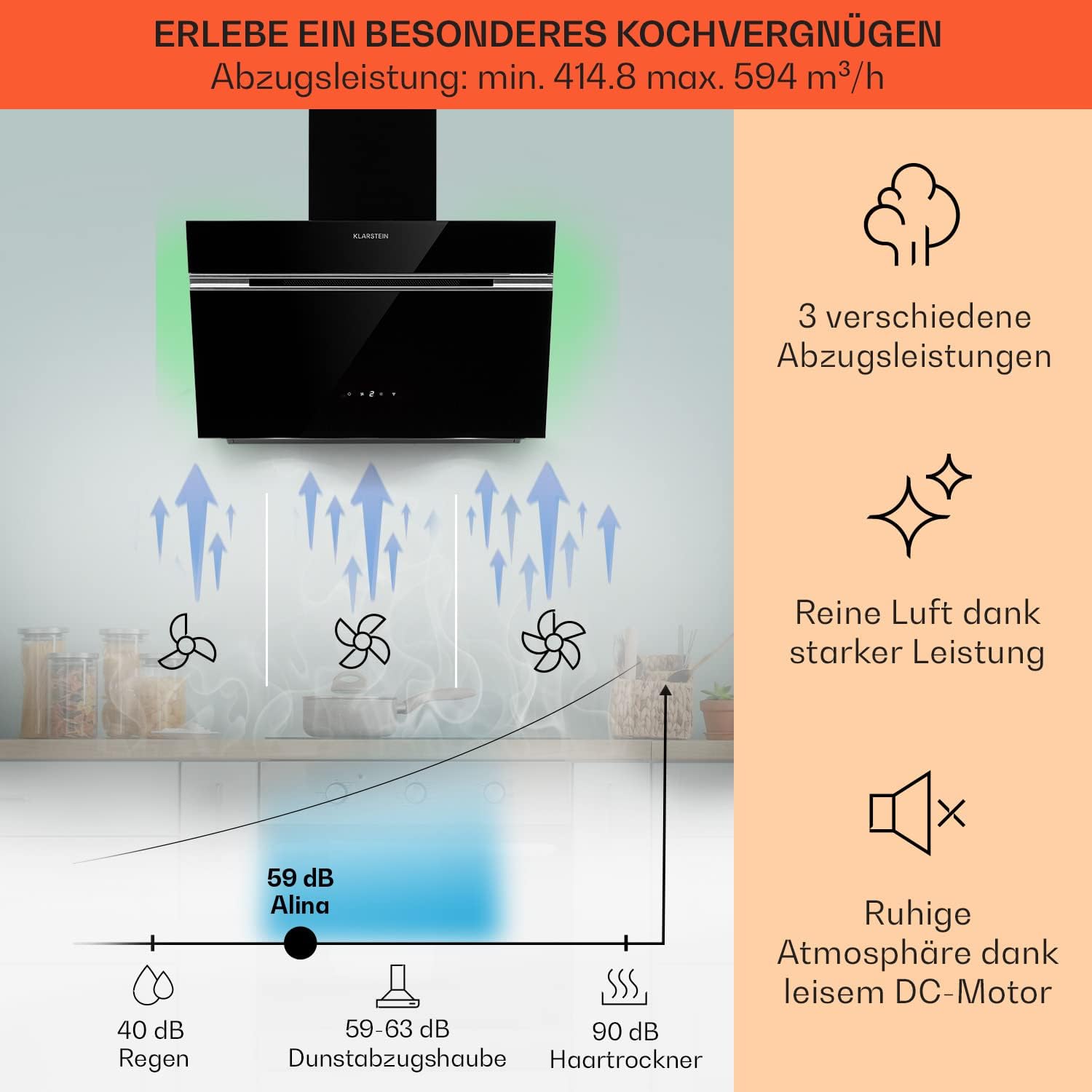 Klarstein Dunstabzugshaube 60cm, Abluft/Umluft-Dunstabzugshaube mit RGB-LEDs, Leistungsstarke Abzugshaube, 594 m³/h Luftstrom, Schräghaube mit Energieeffizienzklasse A, Dunstabzug 60 cm