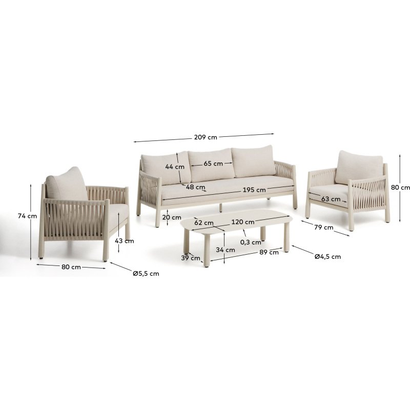 Ensemble Aleria avec canapé 3 places, 2 fauteuils et table basse en aluminium et corde synthétique écru
