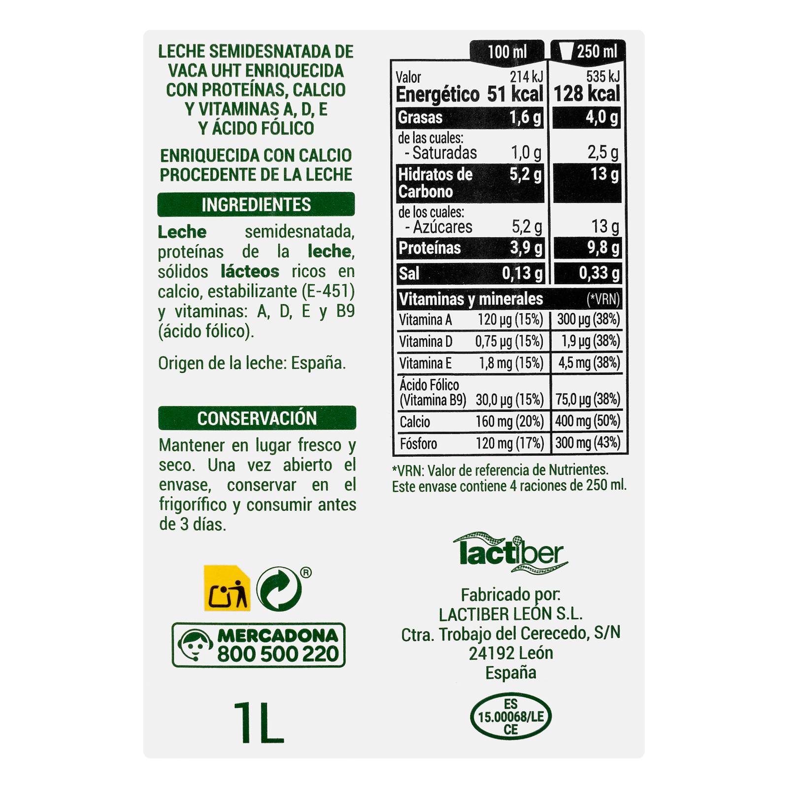 Lait demi-écrémé Hacendado calcium
