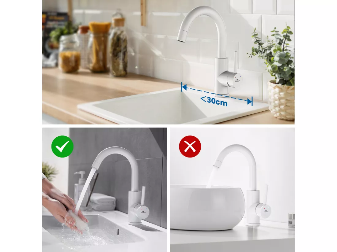 Mitigeur Lavabo, AuraLum Max Robinet Lavabo Haut Pivotant à 360°, Robinet Lavabo Salle de Bain Monocommande avec Aérateur Démotable, Blanc,EU Modèle