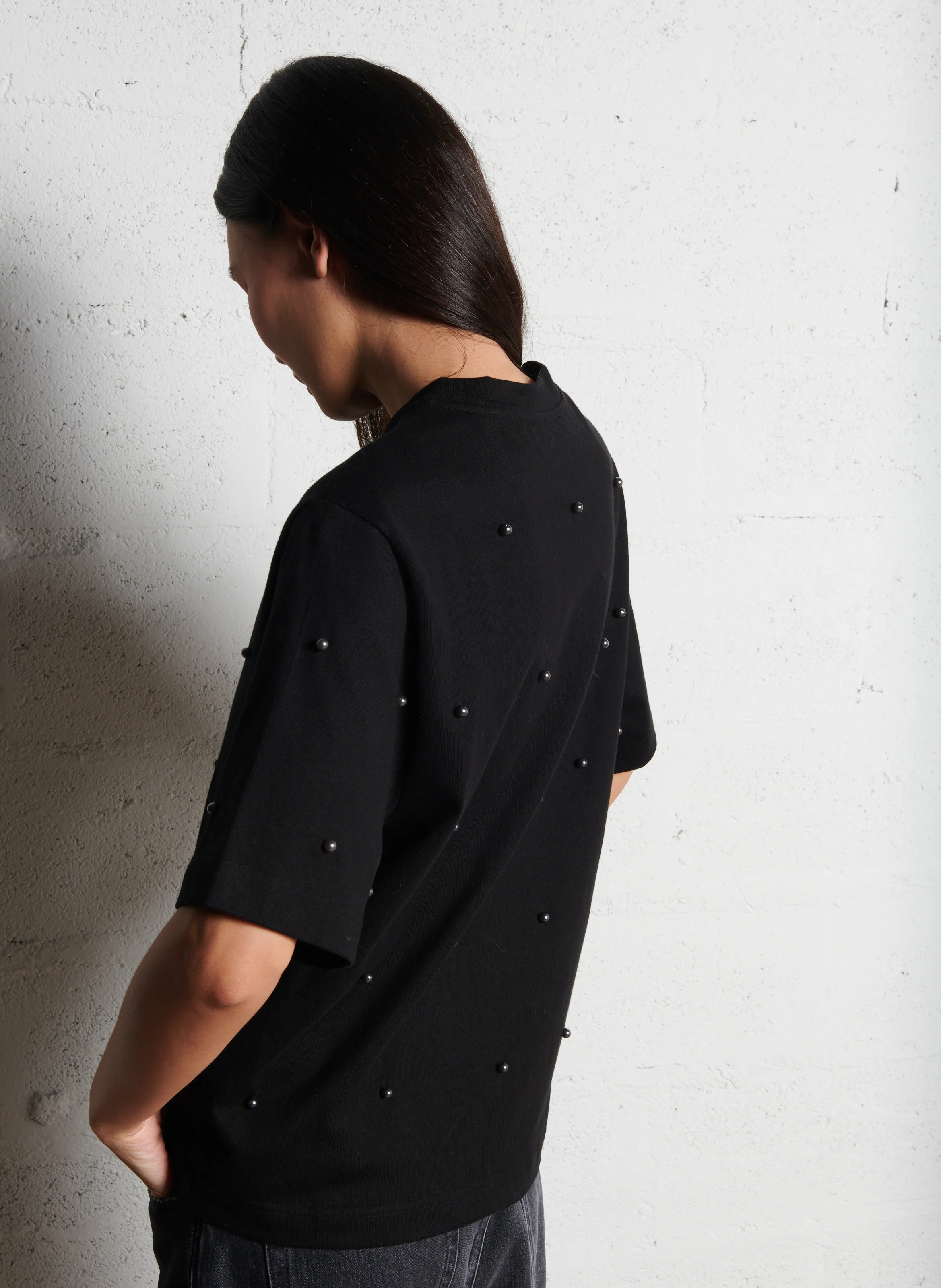ENZO - Tee-shirt droit à perles en coton | Noir
