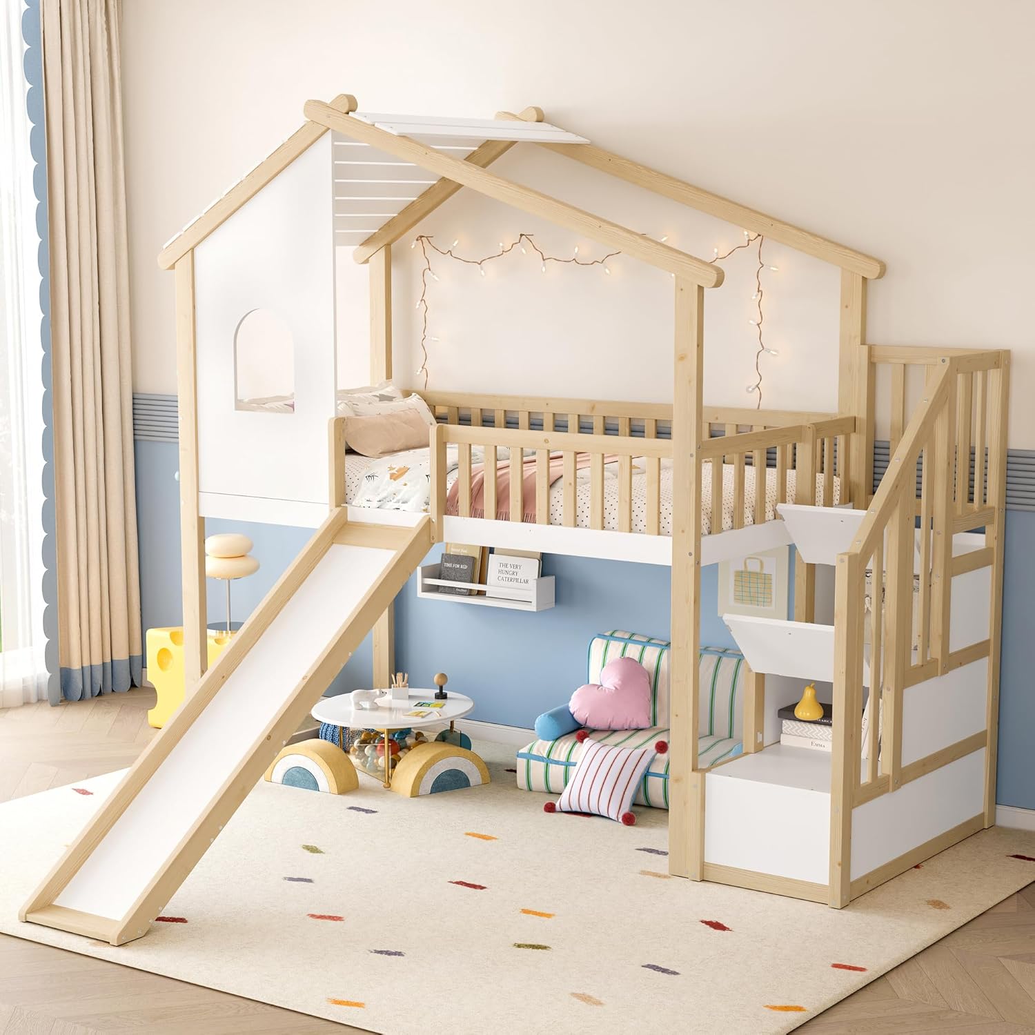 Merax Kinderbett 90x200 Hausbett Hochbett mit Rutsche, Dach&Fenster&Bettgitter, Treppe mit 2 Ablagefächern, Bett mit Lattenrost & Rausfallschutz, Ohne Matratze, Weiß+Natur