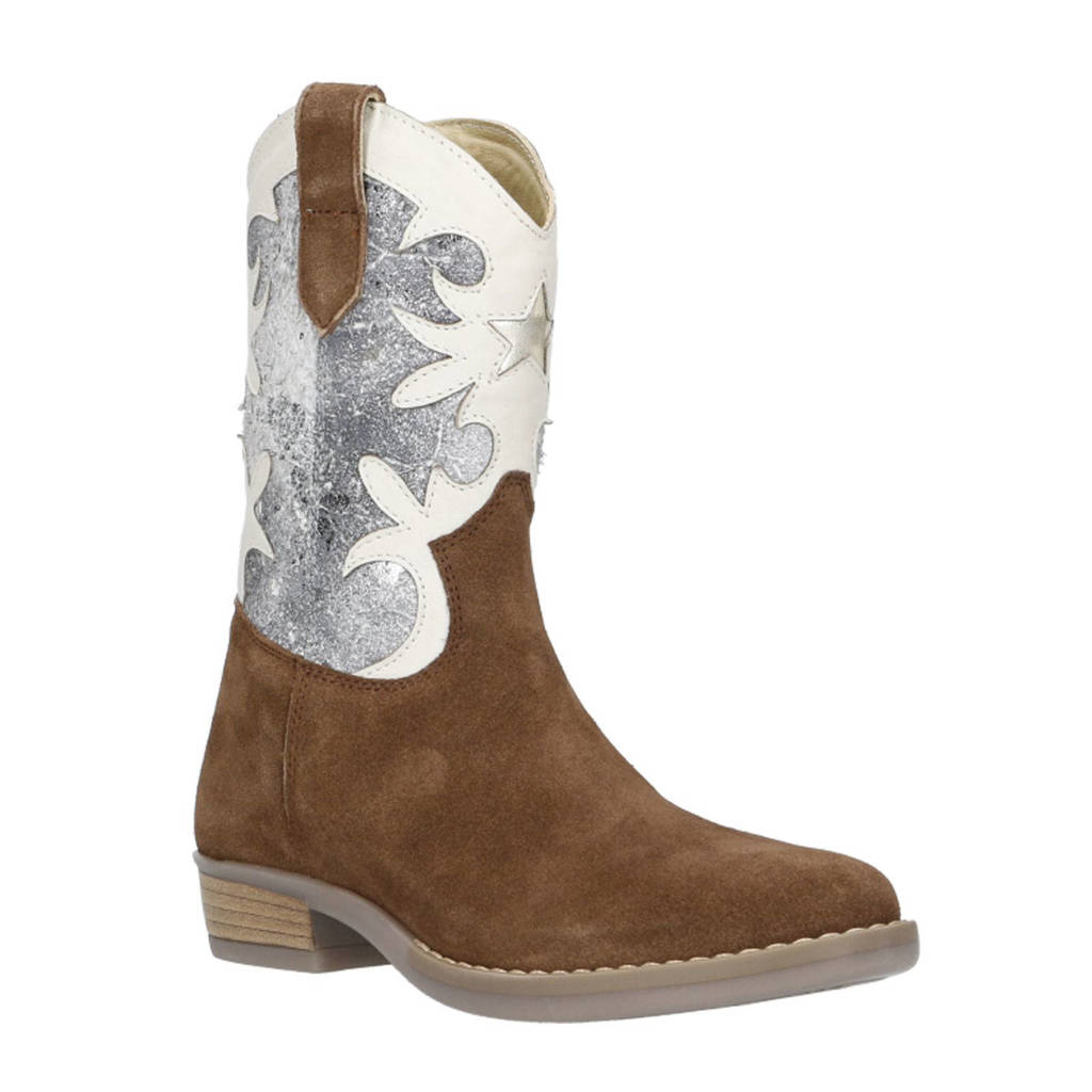 Hip cowboylaarzen cognac/wit/zilver