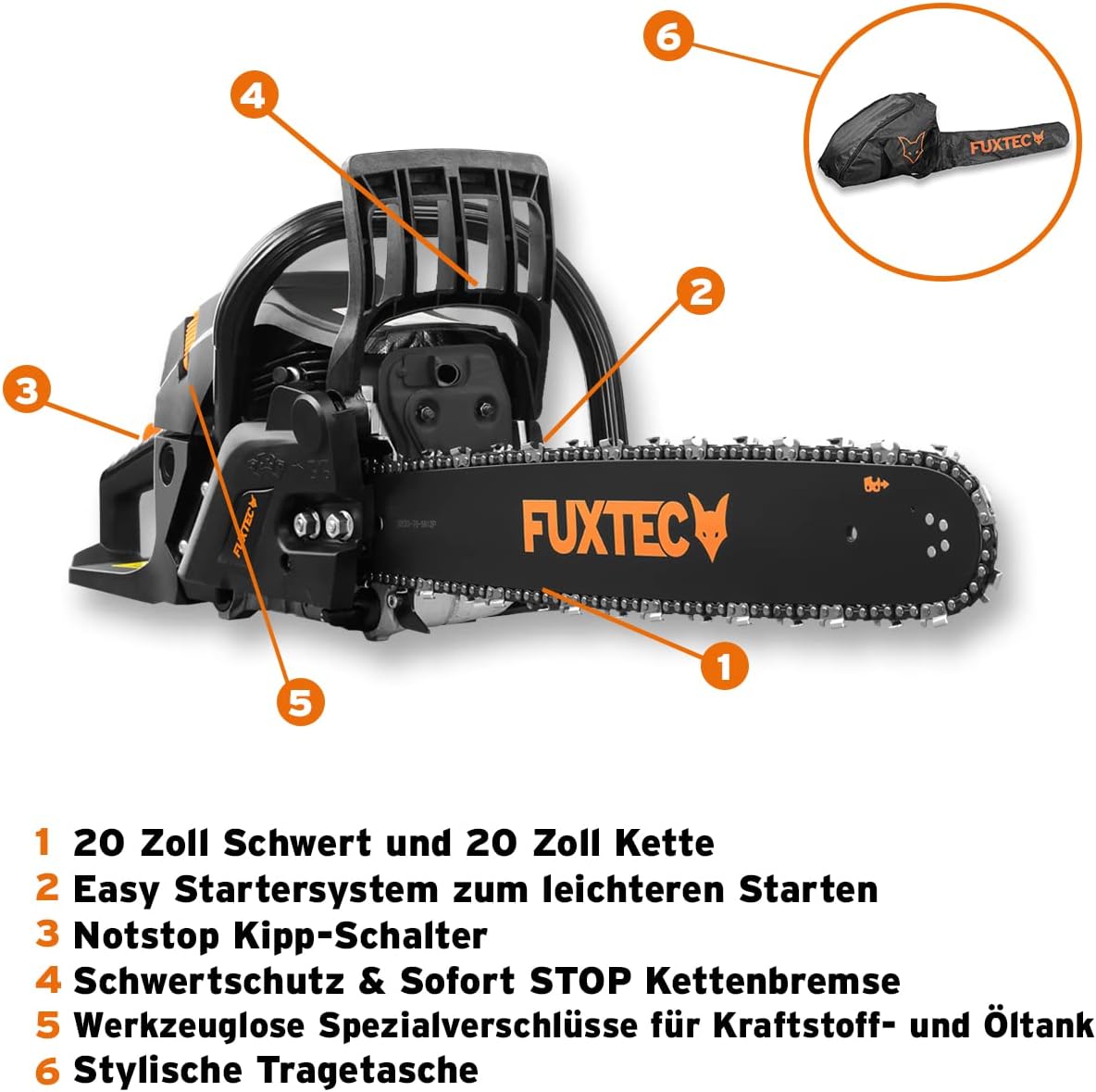 FUXTEC Benzin Kettensäge FX-KS262 – Motorsäge 2,85kw 61,5ccm Hubraum & EASY-Start – Schwertlänge 20 Zoll inkl. Schwertschutz & Tragetasche