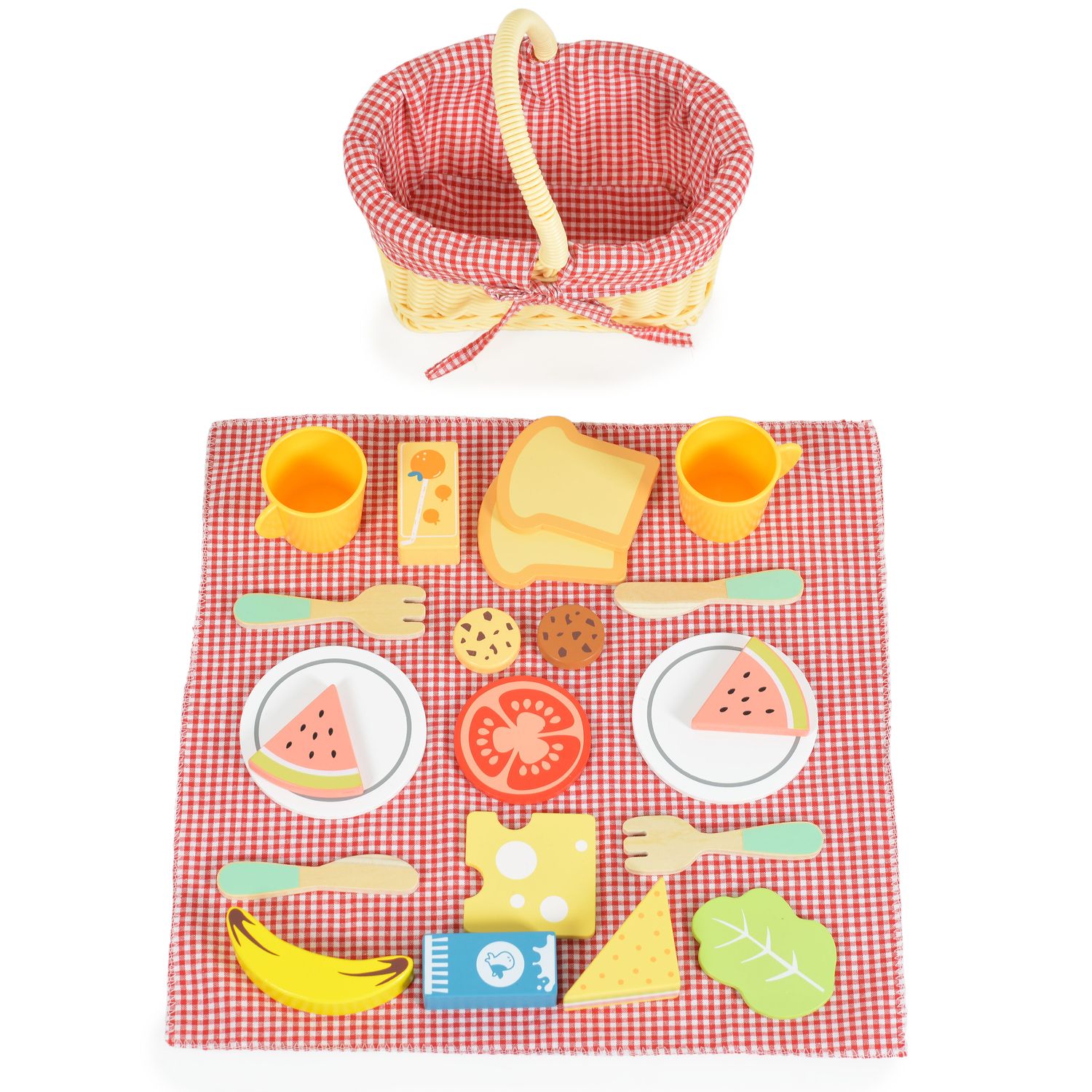 Tooky Toy Spielzeug Picknickkorb TK454 Holz, Picknickdecke, Teller, Lebensmittel rot