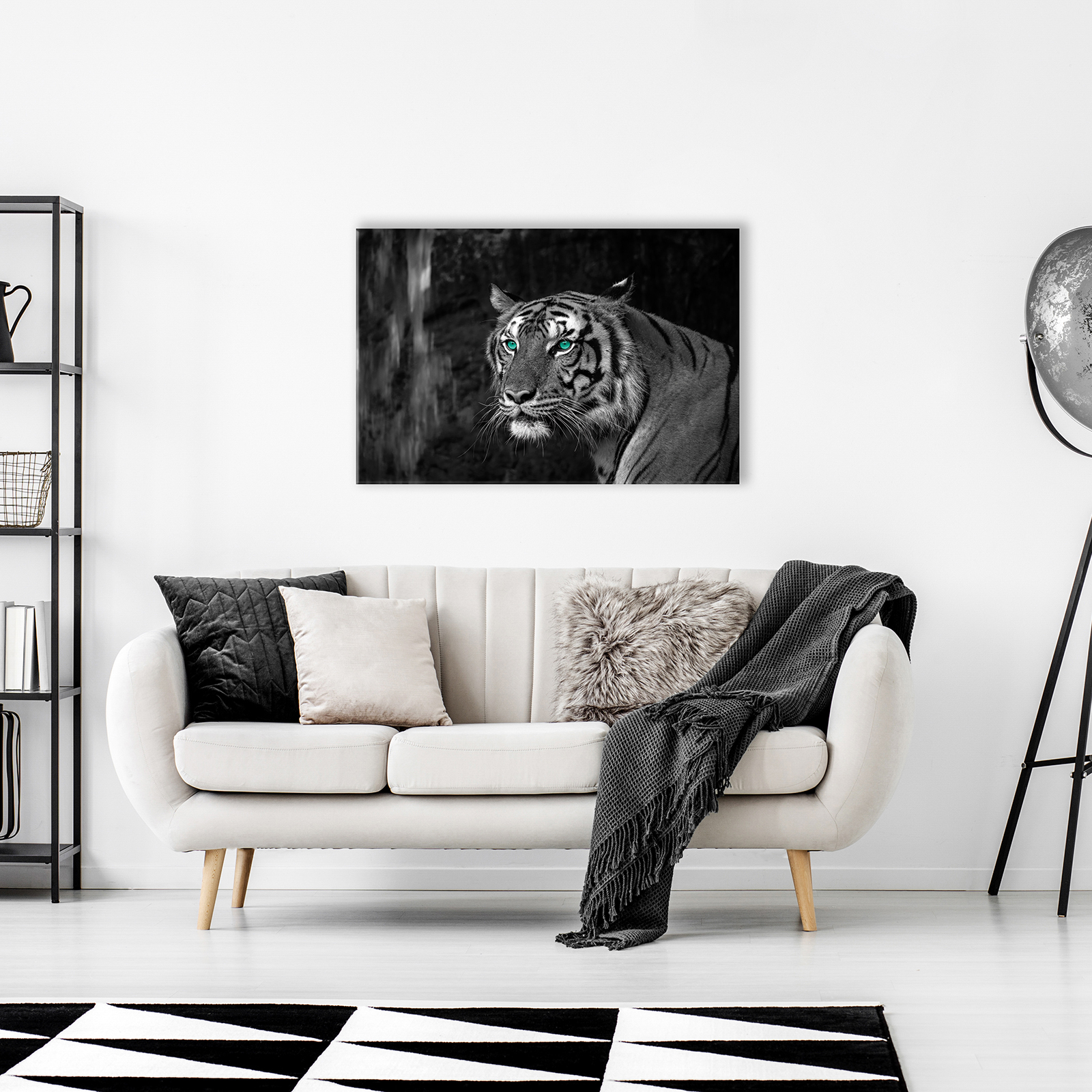 Keilrahmenbild TIGER- schwarz-weiß-türkis - 60x90 cm
