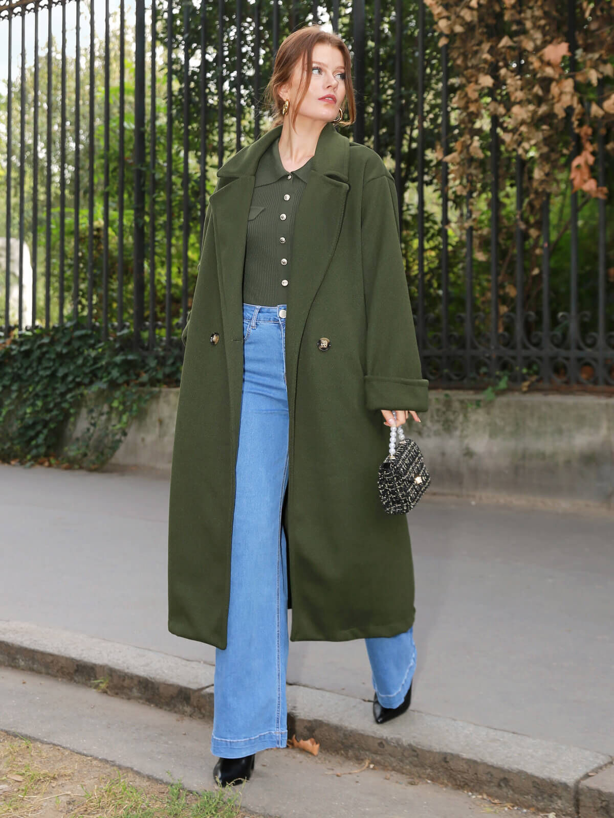 Manteau oversize en maille texturée- Vert foncé