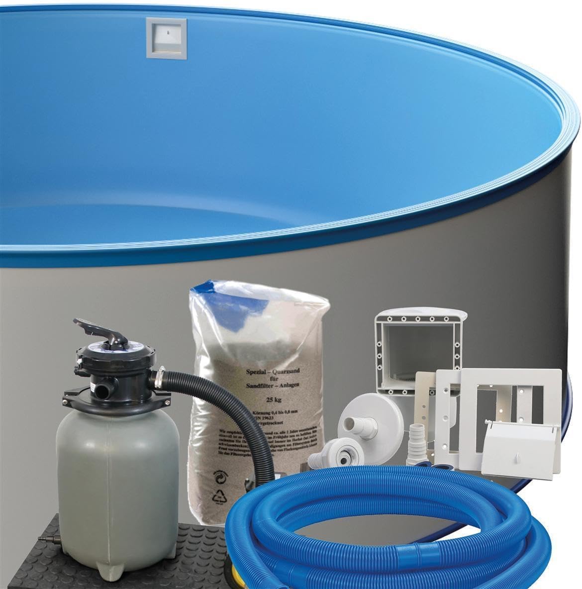 Stahlwand Rundpool-Set Ø 3,50 m x 1,20 m, Pool Made in Europe, Blaue UV-beständige Innenhülle 0,6 mm, SF128 Sandfilteranlage mit 4 m³/h, Einbauskimmer, Filtersand, Poolschlauch