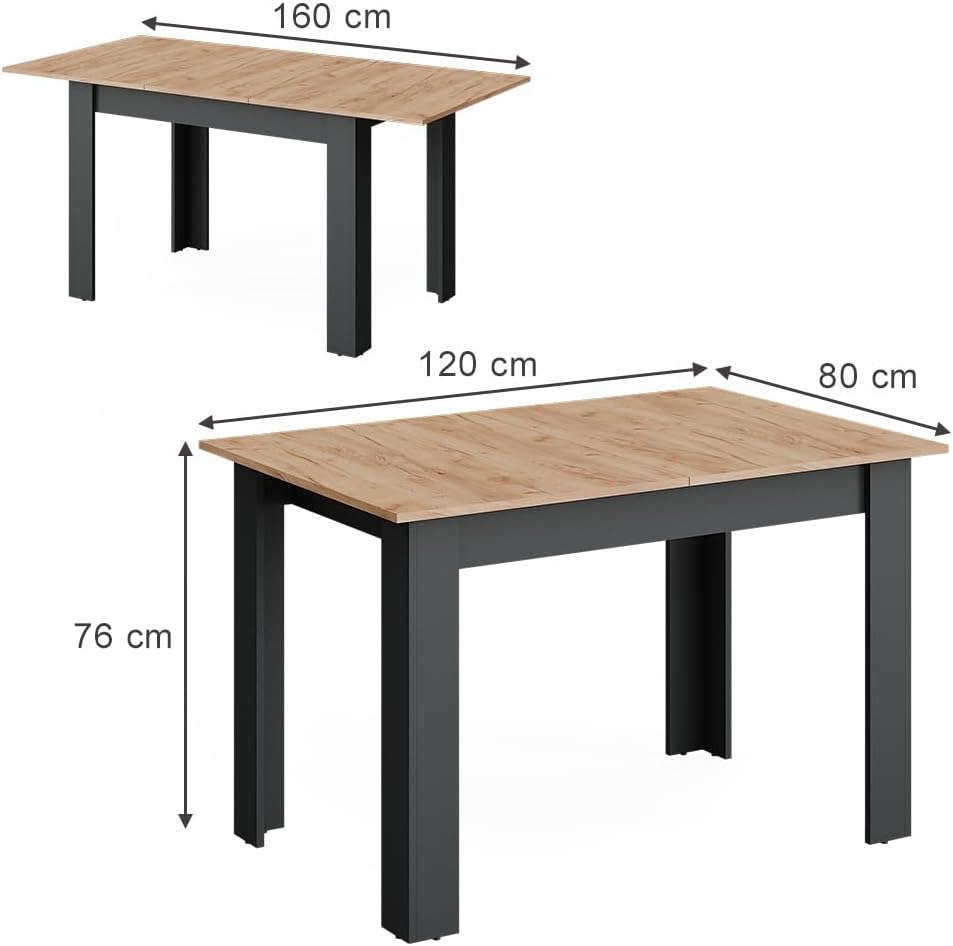 Vicco Esstisch Repose, Anthrazit/Goldkraft Eiche, 160 x 80 cm ausziehbar