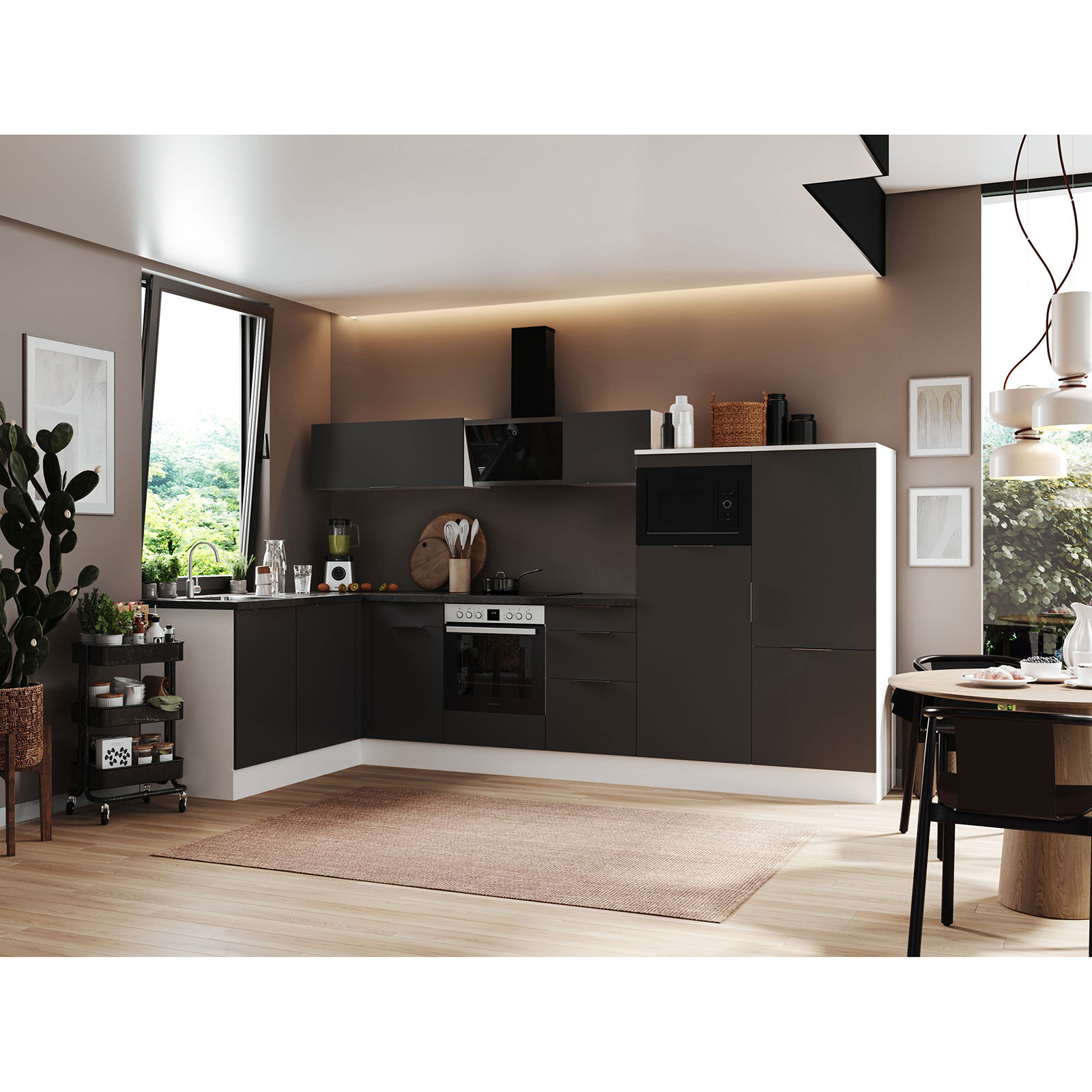 RESPEKTA Winkelküche - grau matt - weiß matt - mit E-Geräten - 340x175 cm
