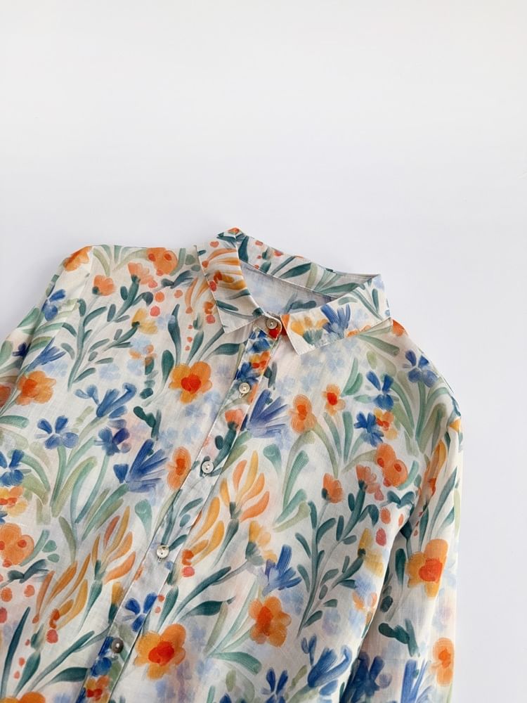 Taragon - Blouse met lange mouwen, kraag en bloemenprint, knoopjes