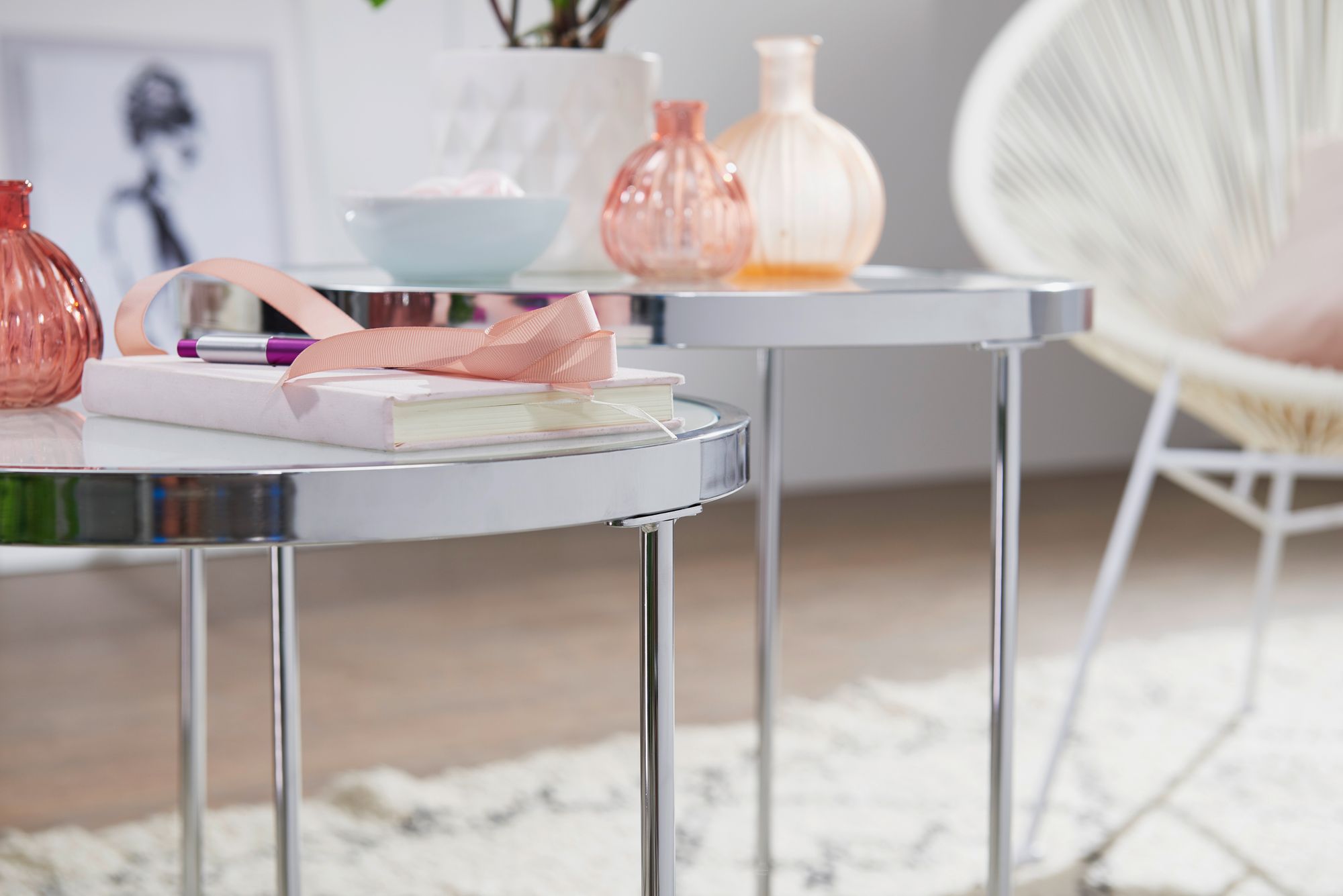 KADIMA DESIGN 2tlg Runder Glas Couchtisch Set, modernes Design mit Stauraum, platzsparend.