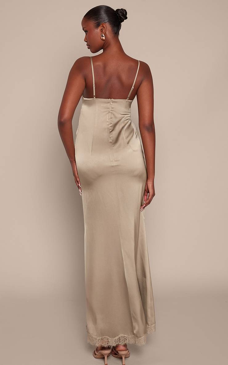 Vert Olive Robe Nuisette Longue En Satin À Bordure Dentelle