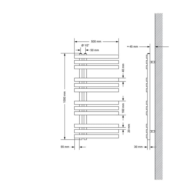 500 x 1000 mm IRON EM DESIGN Radiatortilslutning panelradiatorer 50mm CHROME