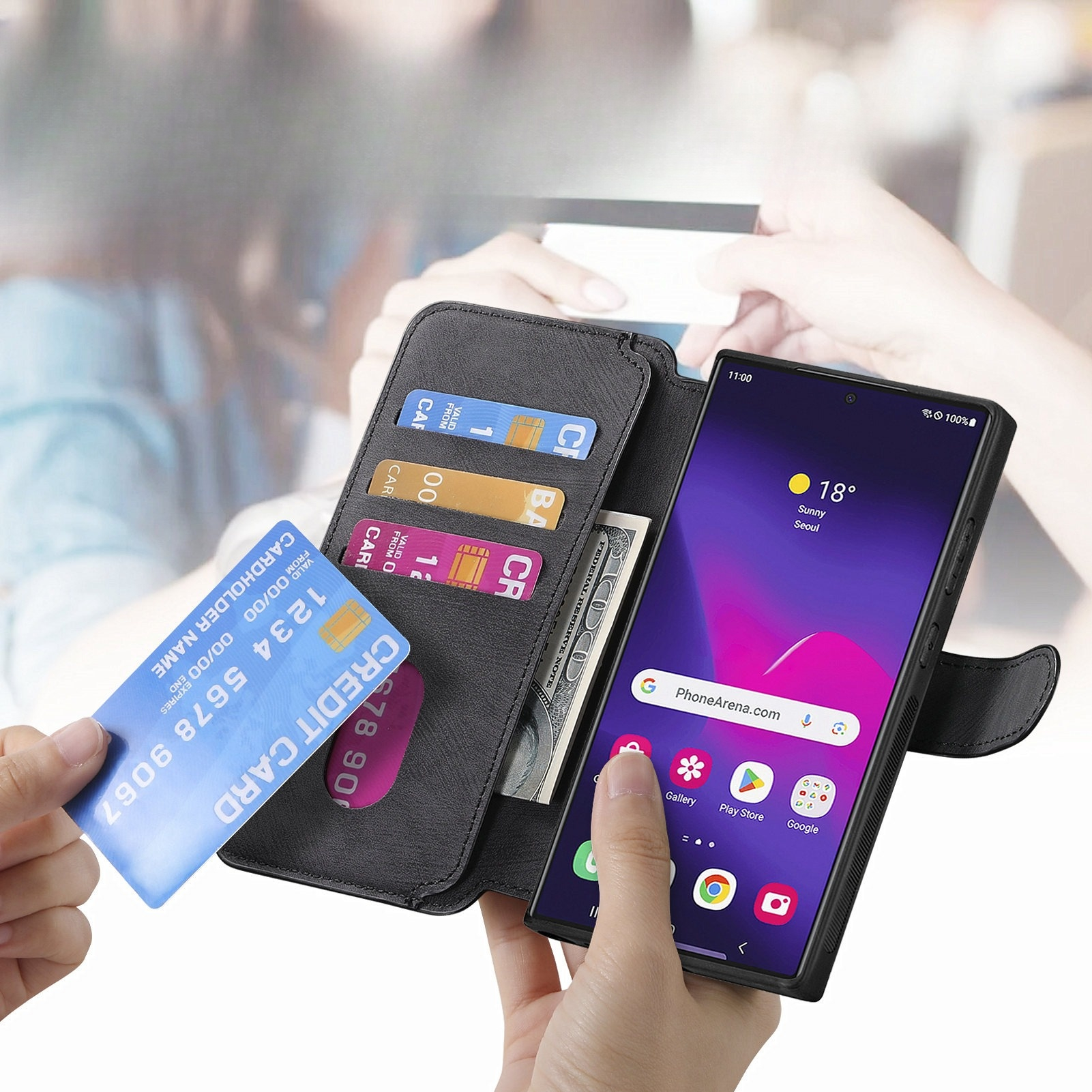 Samsung Galaxy S25 Ultra Leder Case Schutzhülle   Abnehmbare Tasche inkl. Kartenfächer MagSafe-Modul - Schwarz
