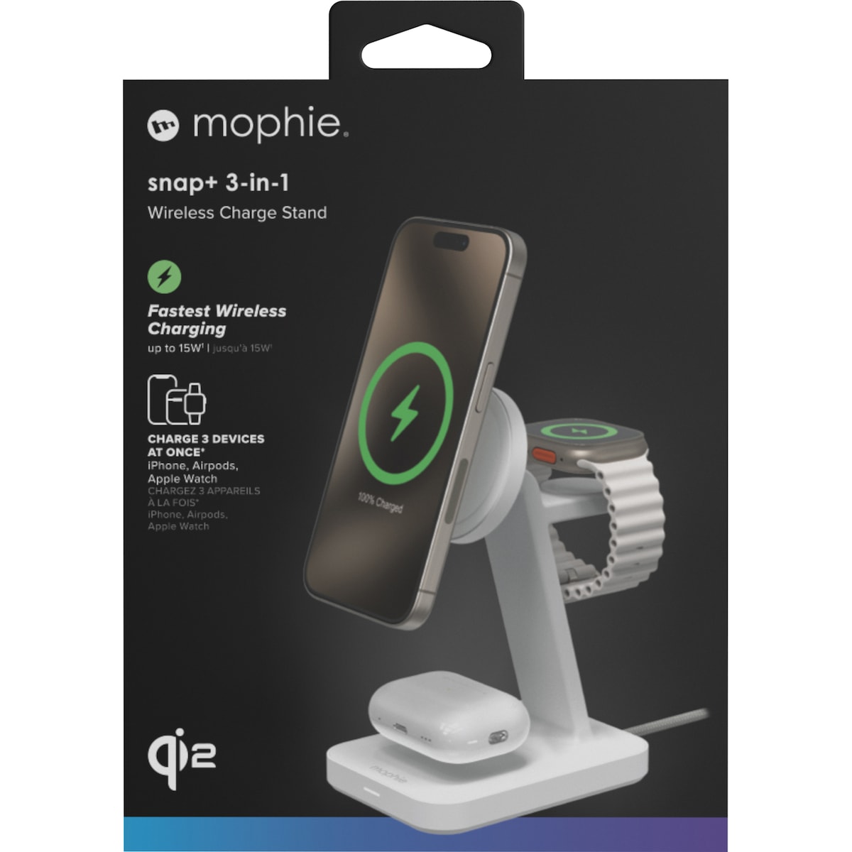 Mophie Snap Plus 3-i-1 Qi2 trådløs lader (hvit)