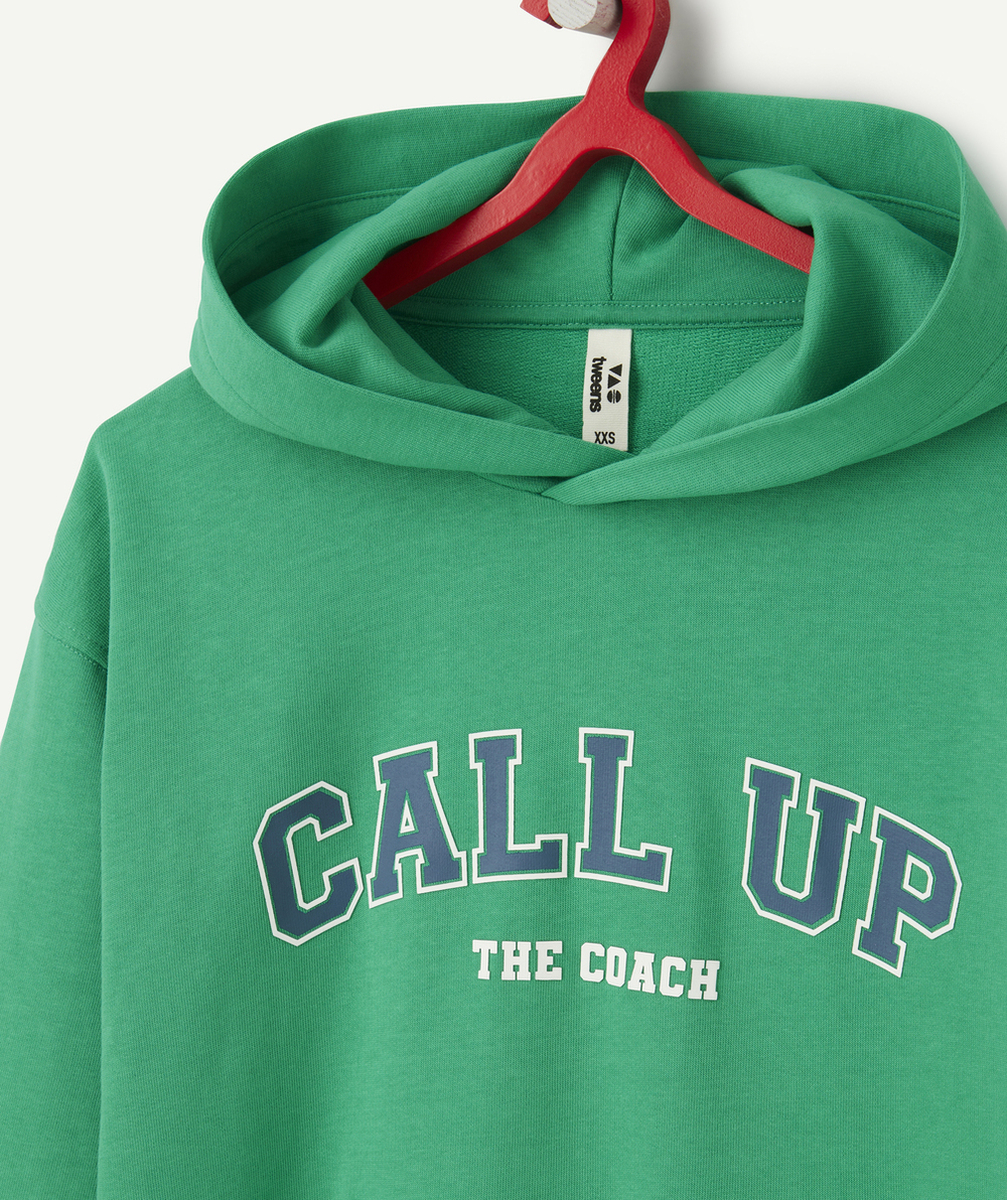 SWEAT À CAPUCHE GARÇON EN COTON BIO VERT AVEC MESSAGE STYLE CAMPUS