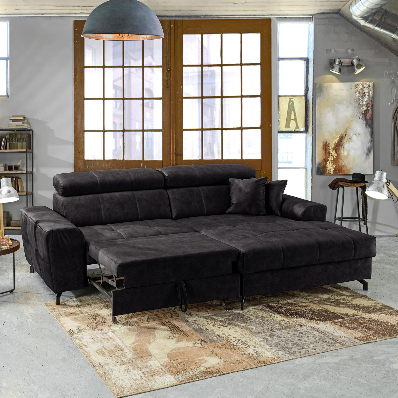 Ecksofa - aubergine - Samt - mit Liegefunktion - Recamiere rechts