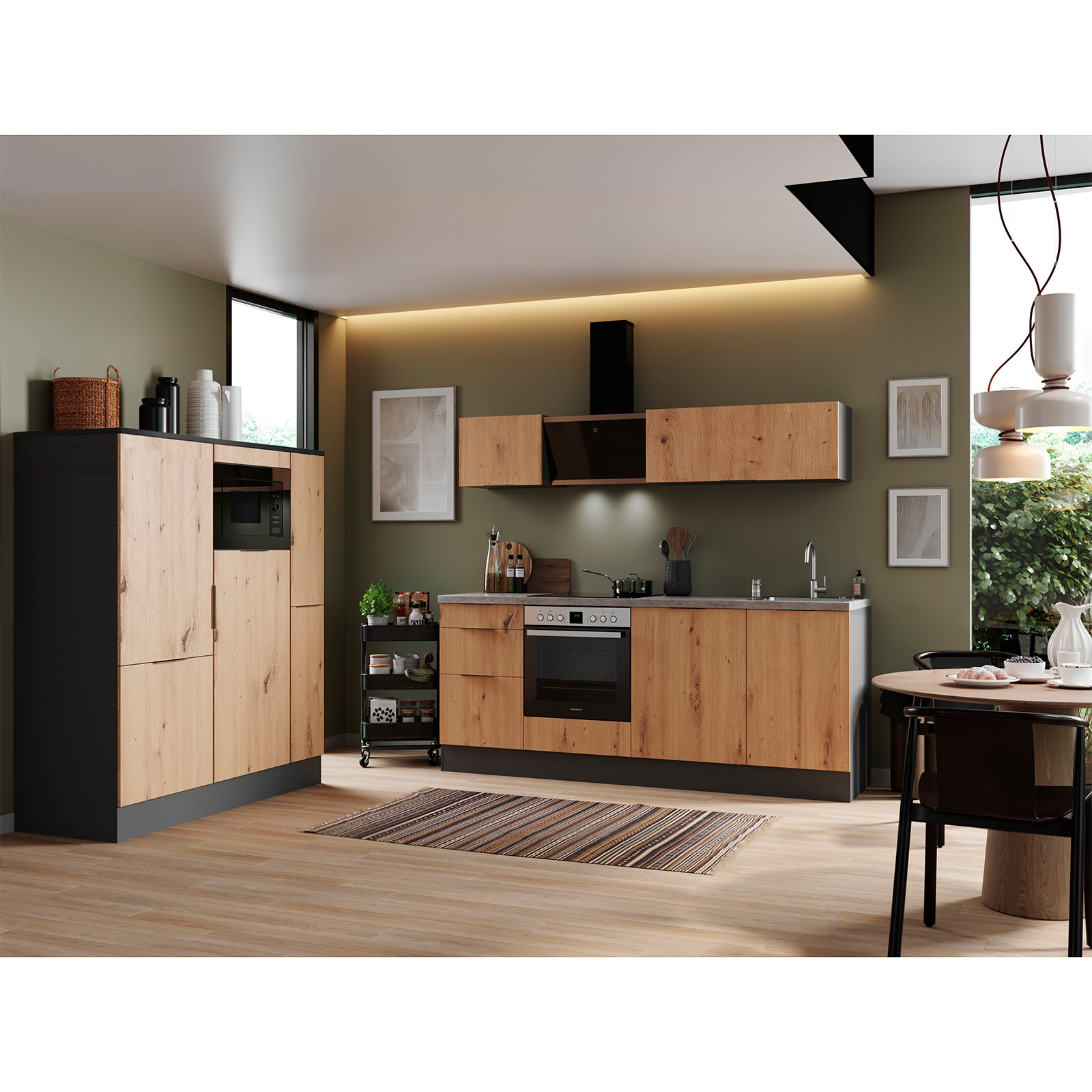 RESPEKTA Küchenblock - Artisan Eiche - grau matt - mit E-Geräten - 370 cm