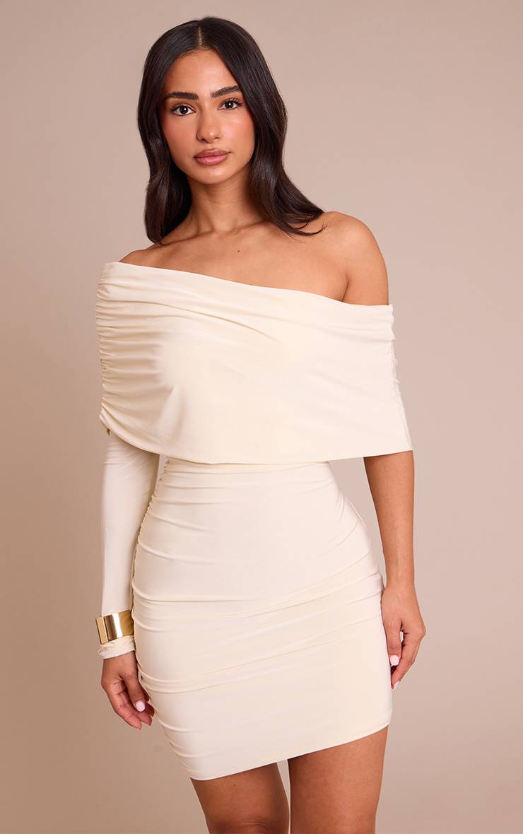 Gris Pierre Robe Moulante Mini Froncée Asymétrique Petite