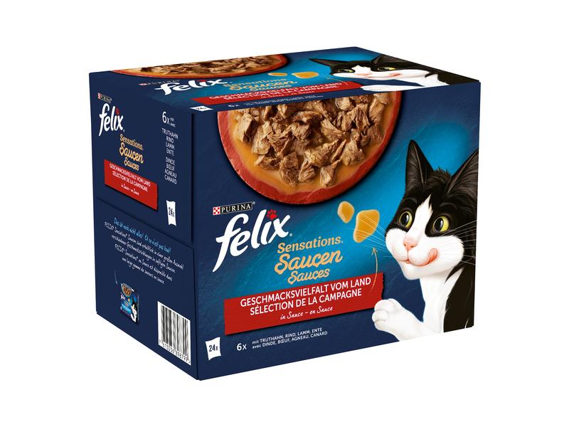 Felix Nassfutter Sensations Fleisch in Sauce, 24 x 85 g Alleinfutter für ausgewachsene Katzen